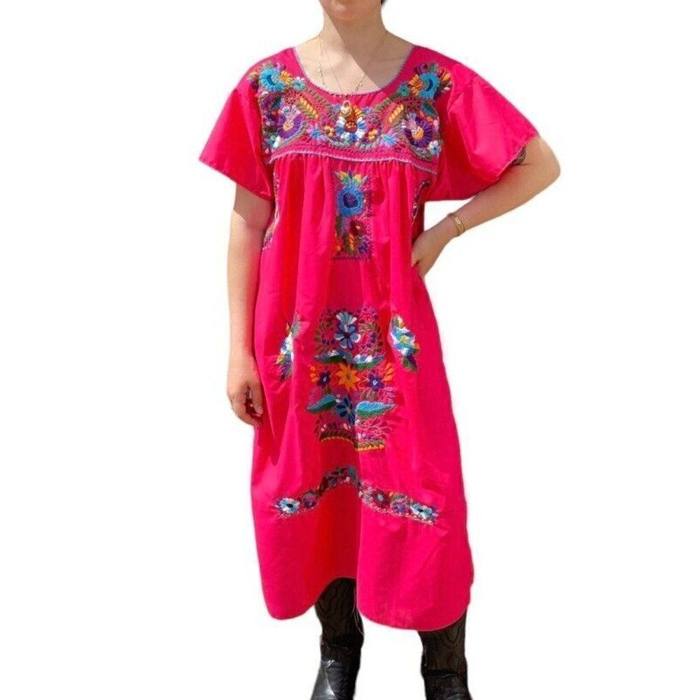 Vintage Womens Hot Pink Cotton Mexican Floral Embroidered Maxi Dress Sz L